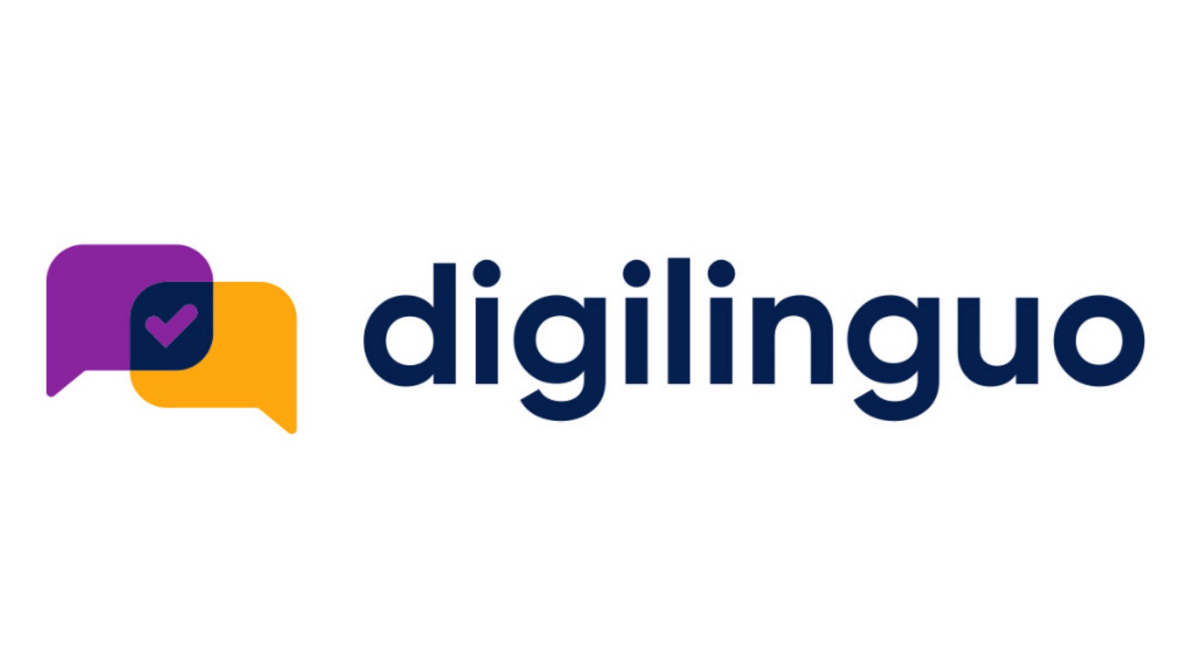 Digilinguo Logo. Two speech bubbles, one yellow, one violet overlap. A check mark in the overlapping area.